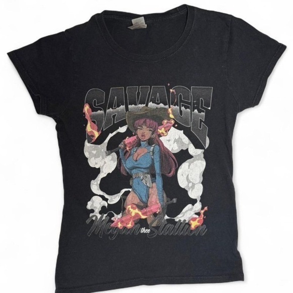 Megan Thee Stallion Savage Cowgirl Black Anime Graphic T Shirt Women's Size S